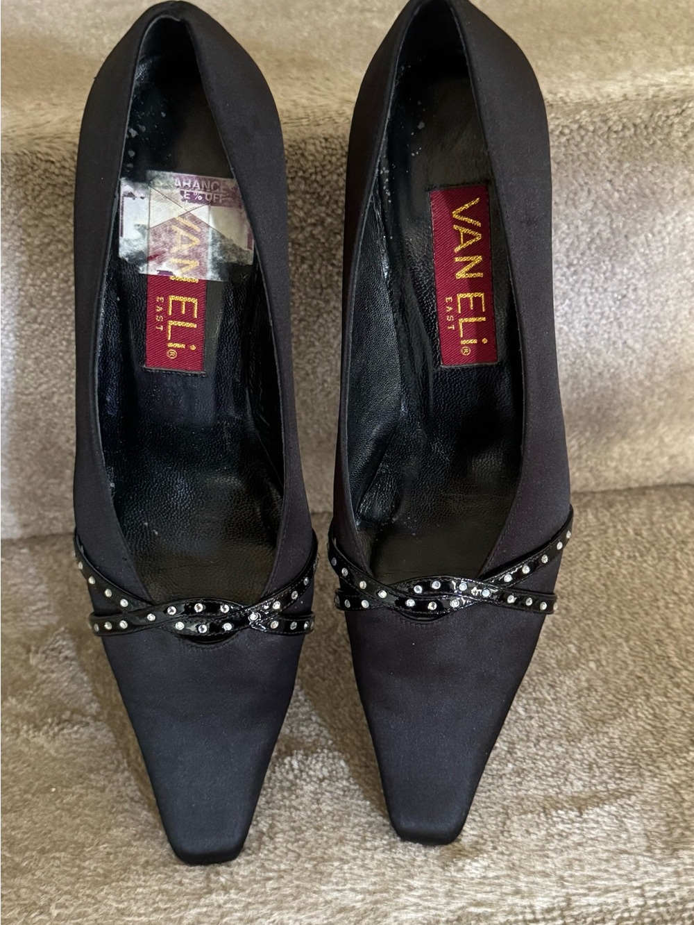 Vaneli Black Pointed Toe Kitten Heels With Rhinestone Trim Size 9
